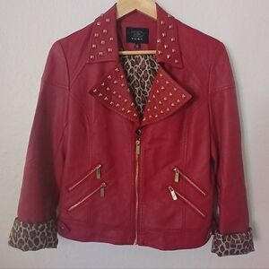 TCEC Red Leather Biker Jacket & Gold Studs Large Zippers Leopard Print Lining